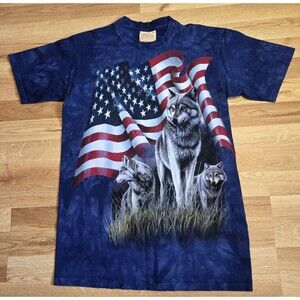 The Mountain Men's T-Shirt Tie Dye American Flag & Wolves Blue Size M Vintage